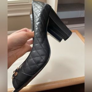 Anne Klein Black Quilted Leather Gold Horsebit Open Toe Block Heels